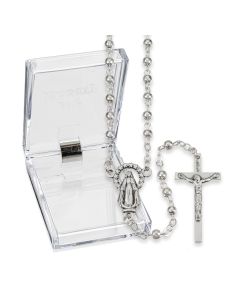 Round Silver Finished Metal Bead Rosary, Boxed