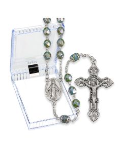 Teal Alabaster Luster Glass Bead Rosary, Boxed