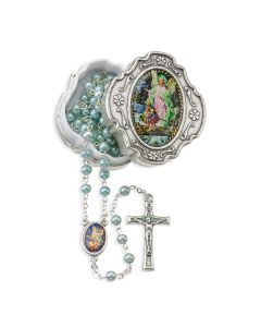 4mm Light Blue Pearlized Bead Rosary with Picture Center and Fancy Crucifix in Metal Keepsake Box