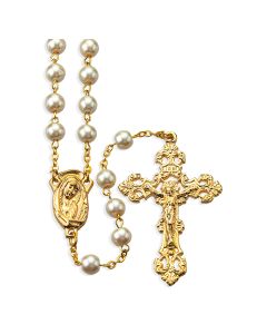 White Faux Pearl Bead Rosary, Boxed