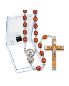 Brown Boxwood Oval Bead Rosary, Boxed