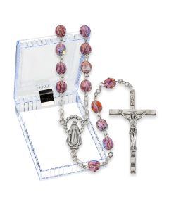 Amethyst Crystal Aurora Borealis Bead Rosary, Boxed