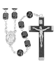 Black Square Wood Bead Rosary with Carved Pater Beads