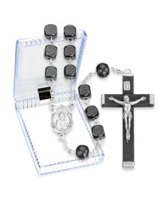 Black Square Wood Bead Rosary with Carved Pater Beads, Boxed