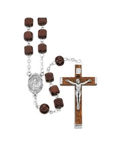 Brown Square Wood Bead Rosary with Carved Pater Beads, Boxed