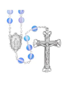 6mm Blue Cats Eye Glass Bead Rosary, Boxed