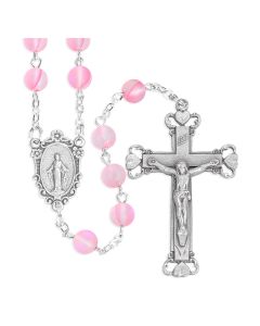 6mm Pink Cats Eye Glass Bead Rosary, Boxed
