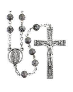 6mm Genuine Grey Lime Stone Bead Rosary, Boxed