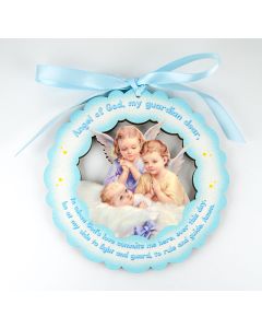 Twin Angels on Blue Cloud Hanging Crib Medal in Organza Bag