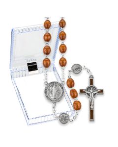 St Benedict Brown Wood Rosary with Pater Beads Boxed