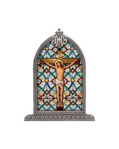 Crucifixion Silver Arch Framed Liturgical Glass Art-P65