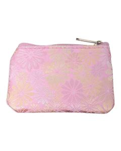 Pink Tapestry Fabric Rosary Pouch  with Gold  Flowers and Zipper Opening . 3" x 4"