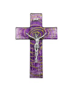 10" Extended Gold Halo in Spiral Pattern Dark to Light Purple Glass Cross with Fine Pewter Corpus-P65