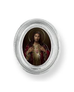 3 1/2" x 4 1/2" Silver Oval Frame with a Simeone: Sacred Heart of Jesus Print-P65