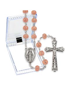 6mm Pink Crystal Candied Textured Acrylic Bead Rosary, Boxed-P65