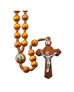 8mm Wood Bead Saint Joseph the Worker Cord Rosary with Photo Centerpiece and Wood Crucifix
