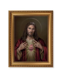 15 1/2" x 19 1/2" Antique Gold Leaf Beveled Frame with Bead Inlay and 12" x 16" Sacred Heart of Jesus Textured Art