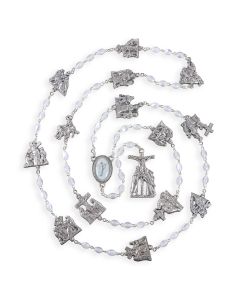 White Via Crucis Glass Bead Rosary with 14 Station of the Cross in Grey Velvet Box 