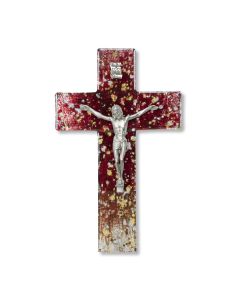 7" Gold and Silver Speckled on Red Tone Glass Cross with Fine Pewter Corpus-P65