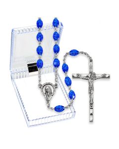 Sapphire Clear Oval Plastic Bead Rosary, Boxed