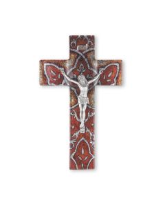 10" Burnt Orange Glass Cross with Silver Cathedral Glass Patern and Fine Pewter Corpus-P65