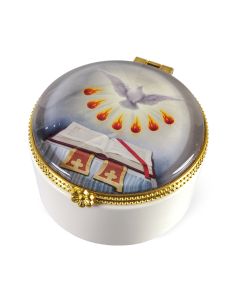 Porcelain Rosary Box with Confirmation Holy Spirit Glass Cover 1 1/2" high x 2 3/8" diameter-P65
