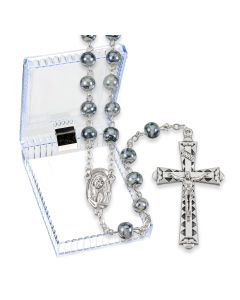 6mm Grey Marbleized Rosary with Center and Crucifix, Boxed