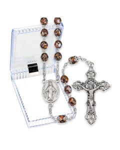 Copper Metallic Glass Fire Polished Bead Rosary, Boxed