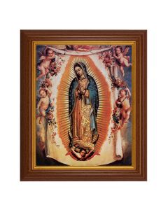 10 1/2" x 12 1/2" Walnut Finish Beveled Frame with 8" x 10" Our Lady of Guadalupe with Angels Textured Art