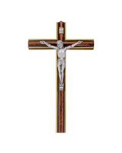 10" Two Tone Rounded Burl Wood Cross with Antiqued Silver Corpus