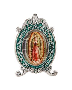 2.5 inch Our Lady of Guadalupe Metal (with Green Epoxy) Plaque with Easel