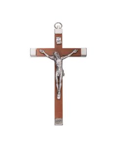 5 1/2" Brown Wood Nickel Bound Crucifix with Antiqued Silver Corpus