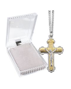 1 5/8" Double Layer Crucifix in Gold and Silver Finished with Scroll Pattern on 24" Chain, Boxed