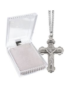 1 5/8" Double Layer Crucifix in Silver Oxidized Finished with Scroll Pattern on 24" Chain, Boxed