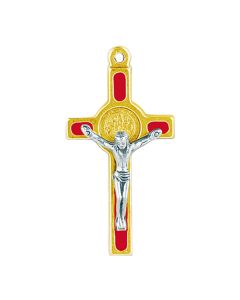 1 1/2" Gold Finish Saint Benedict Crucifix with a Red Inlay