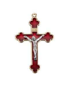2 5/16" Gold Finished Cloverleaf Crucifix with Red Epoxied Inlay