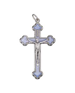 58mm Silver Finish Latin Style Crucifix with Blue Pearlized Epoxy Inlay