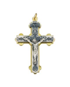 2 1/8" Double Layer Crucifix in Silver Oxidized Finished with Scroll Pattern