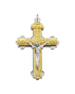2 1/8" Double Layer Crucifix in Gold and Silver Finished with Scroll Pattern