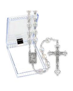 Crystal Aurora Borealis Glass Bead Rosary with Deluxe Center and Crucifix, Boxed