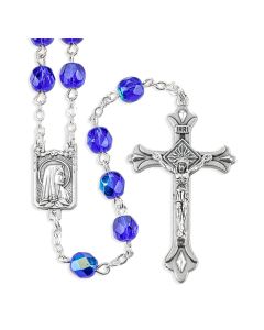 Dark Blue Glass Bead Rosary with Deluxe Center and Crucifix