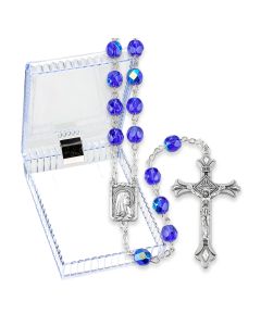 Dark Blue Glass Bead Rosary with Deluxe Center and Crucifix, Boxed