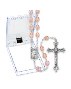 Pink Glass Bead Rosary with Deluxe Center and Crucifix, Boxed