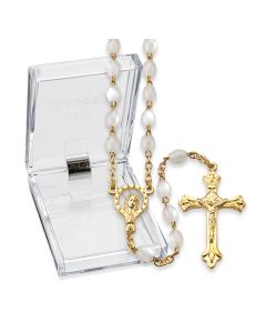 White Translucent Glass Bead Rosary, Boxed