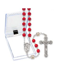 Garnet Swirl and Faux Pearl Glass Bead Rosary, Boxed
