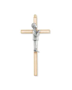 7" Gold Finish Pearlized Metal Cross with Pewter Communion Boy Figure-P65