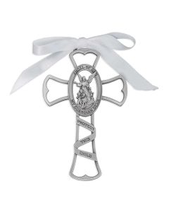 Guardian Angel Pewter Cross with White Ribbon