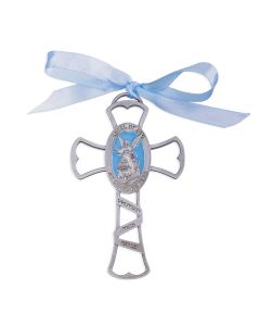 Guardian Angel Pewter Cross with Blue Epoxy and Blue Ribbon