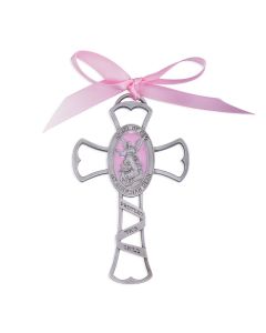 Guardian Angel Pewter Cross with  Pink Epoxy and Pink Ribbon