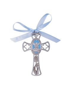 Baptism Angel Pewter Cross with Blue Epoxy and Blue Ribbon